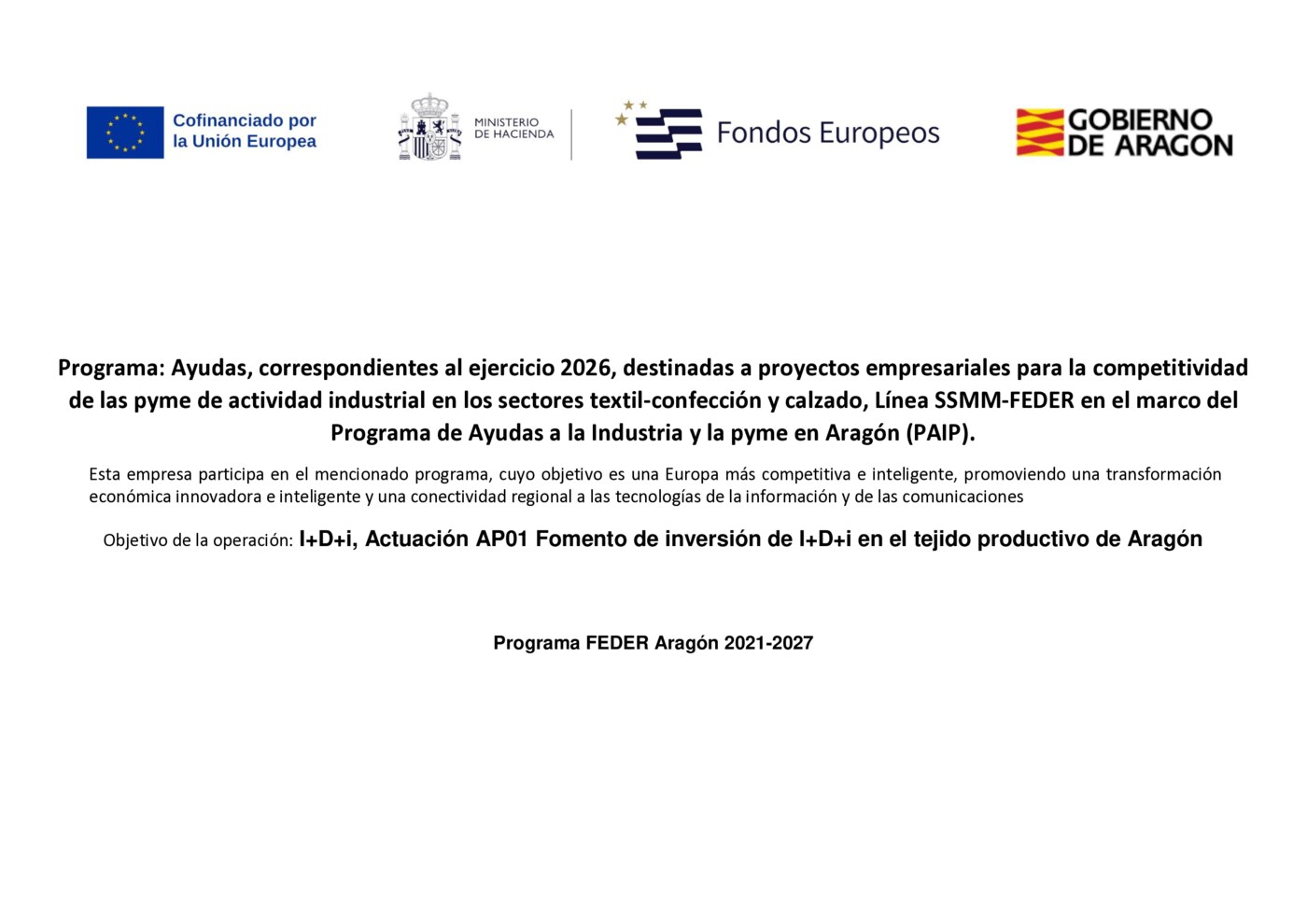 Cartel programa de ayudas PAIP 2026 - Línea SSMM-FEDER sectores textil-confección y calzado - Borman Industria Textil
